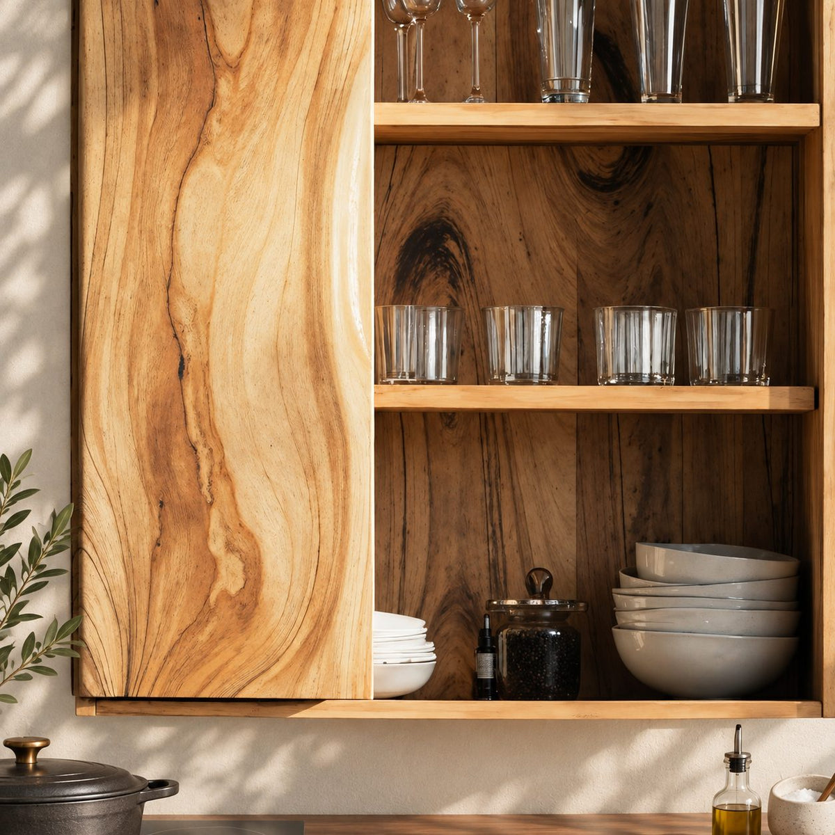 River Grain Door Kitchen Wall Cabinet, Tall Solid Wood Wall Mounted Cupboard with Three Open Shelves