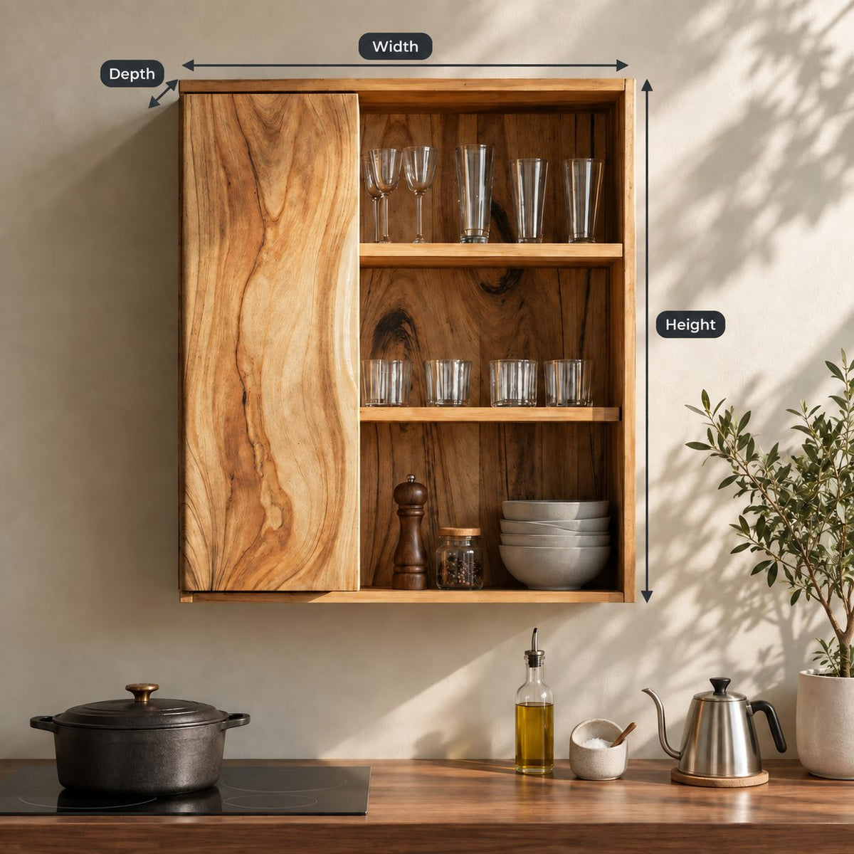 River Grain Door Kitchen Wall Cabinet, Tall Solid Wood Wall Mounted Cupboard with Three Open Shelves