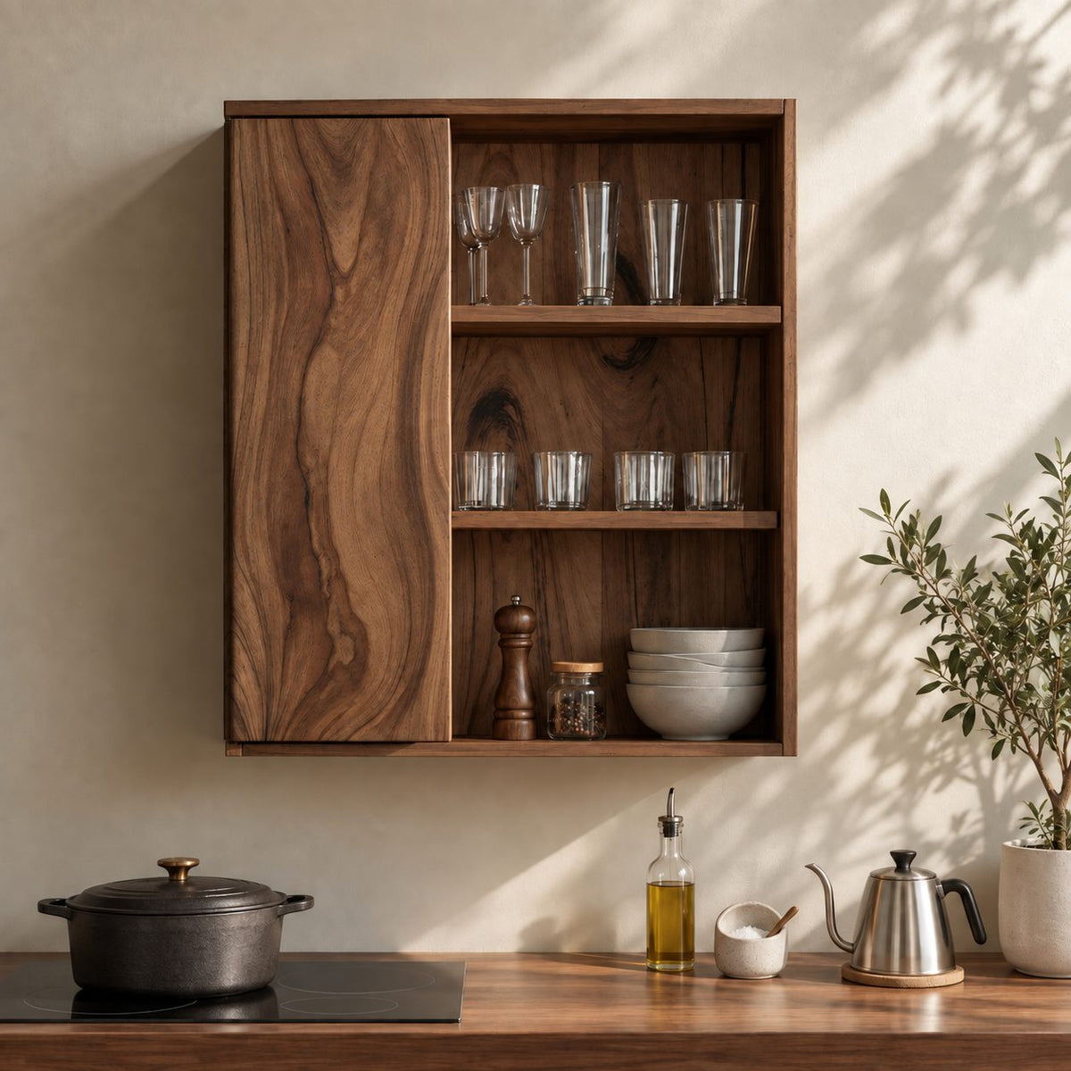 River Grain Door Kitchen Wall Cabinet, Tall Solid Wood Wall Mounted Cupboard with Three Open Shelves