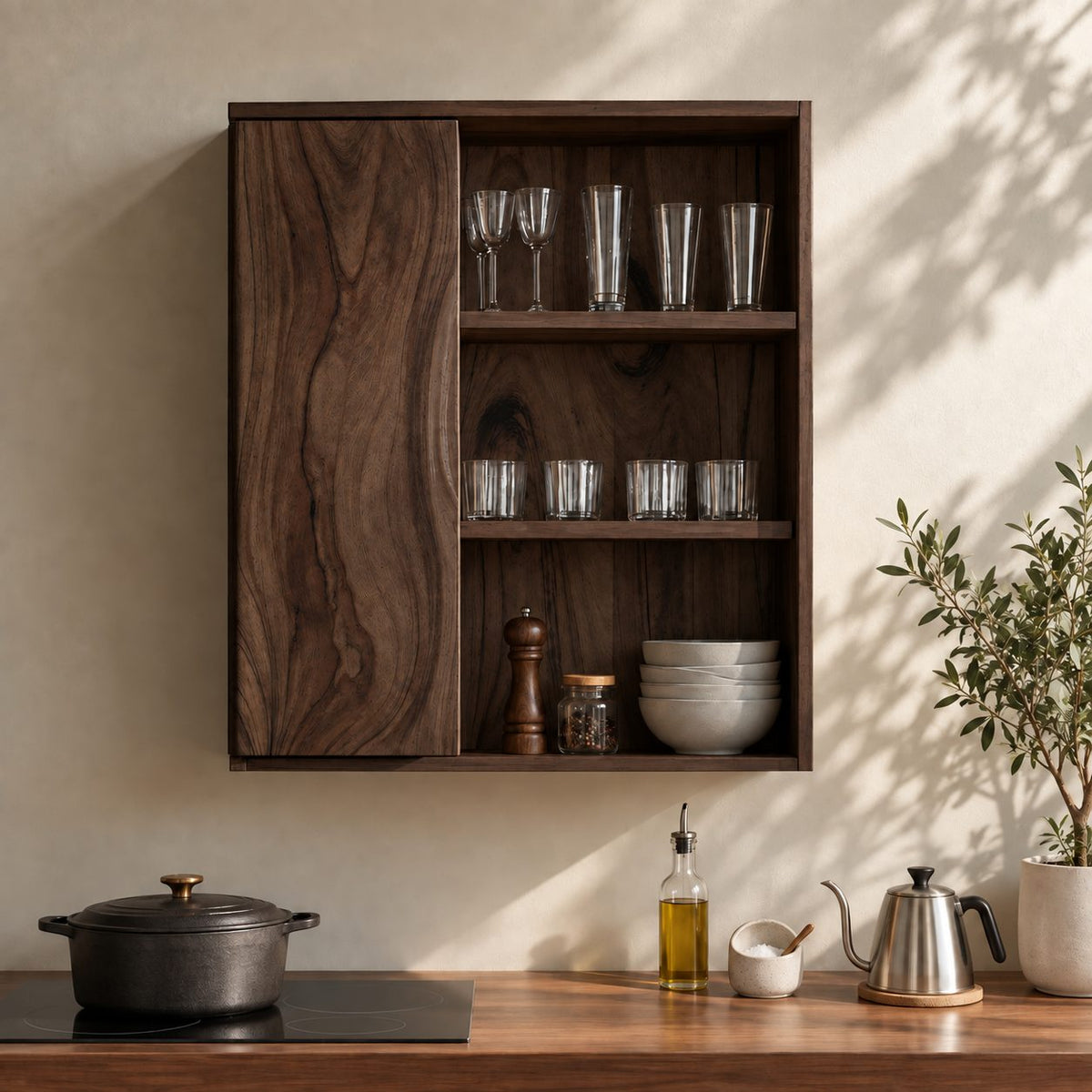 River Grain Door Kitchen Wall Cabinet, Tall Solid Wood Wall Mounted Cupboard with Three Open Shelves