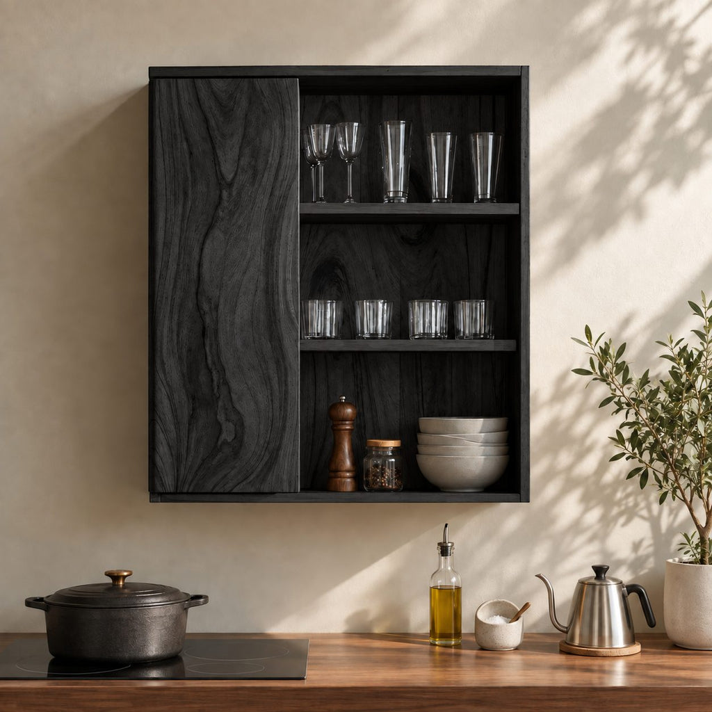 River Grain Door Kitchen Wall Cabinet, Tall Solid Wood Wall Mounted Cupboard with Three Open Shelves
