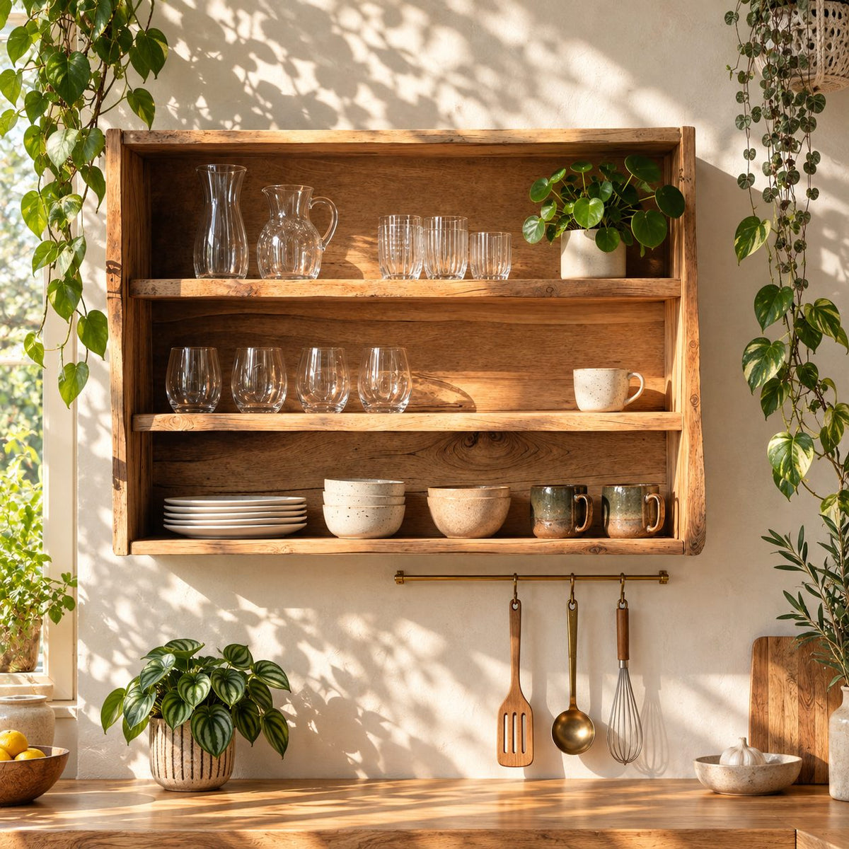 Wide Open Kitchen Wall Cabinet with Natural Edge Sides and Three Tiers, Rustic Solid Wood Dish Shelf