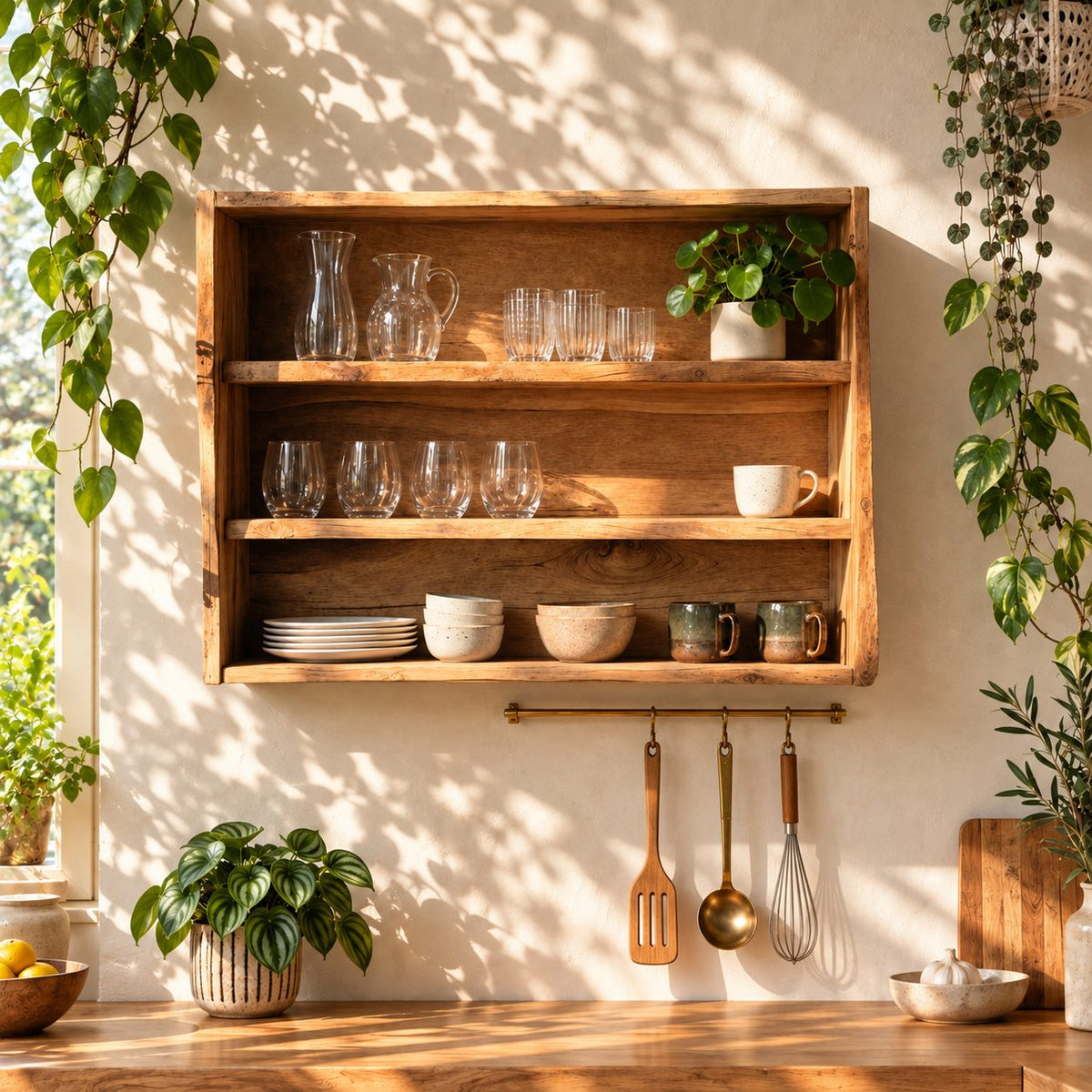 Wide Open Kitchen Wall Cabinet with Natural Edge Sides and Three Tiers, Rustic Solid Wood Dish Shelf