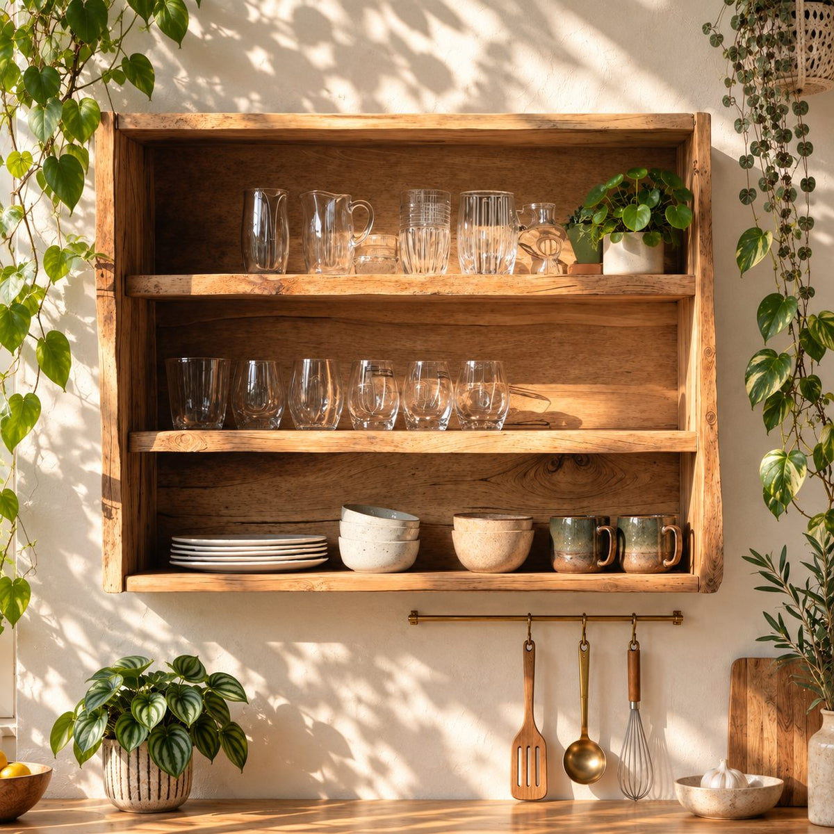 Wide Open Kitchen Wall Cabinet with Natural Edge Sides and Three Tiers, Rustic Solid Wood Dish Shelf