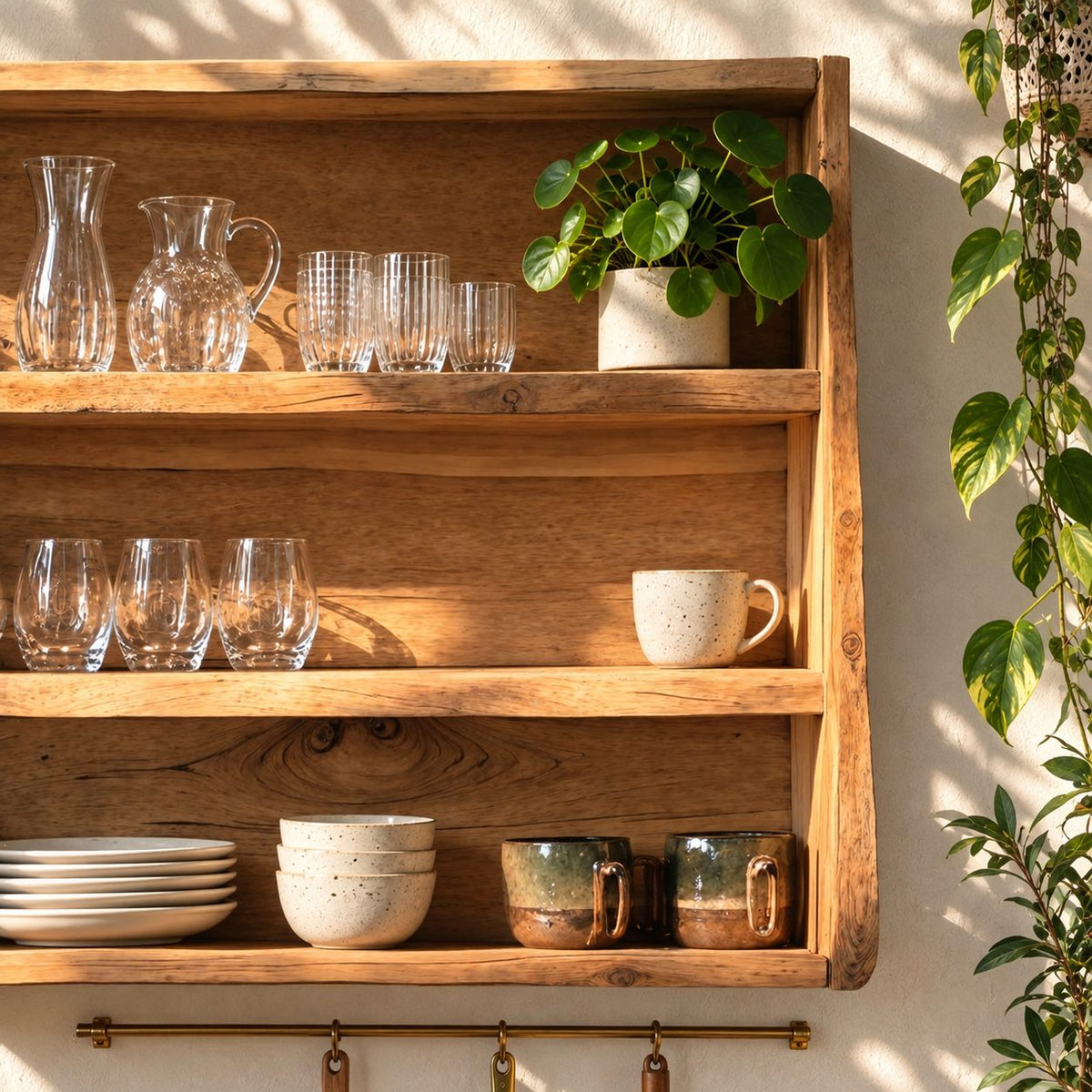 Wide Open Kitchen Wall Cabinet with Natural Edge Sides and Three Tiers, Rustic Solid Wood Dish Shelf