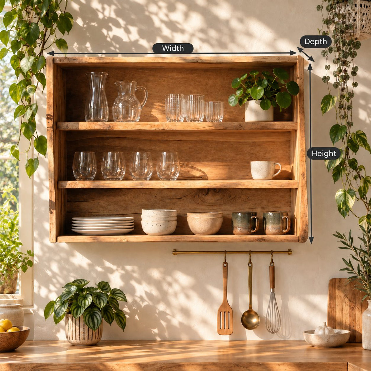 Wide Open Kitchen Wall Cabinet with Natural Edge Sides and Three Tiers, Rustic Solid Wood Dish Shelf