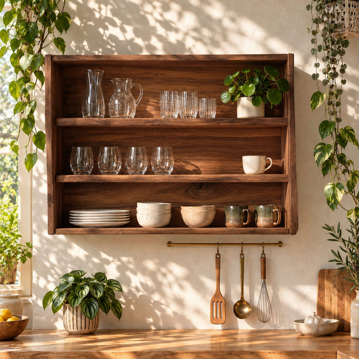 Wide Open Kitchen Wall Cabinet with Natural Edge Sides and Three Tiers, Rustic Solid Wood Dish Shelf