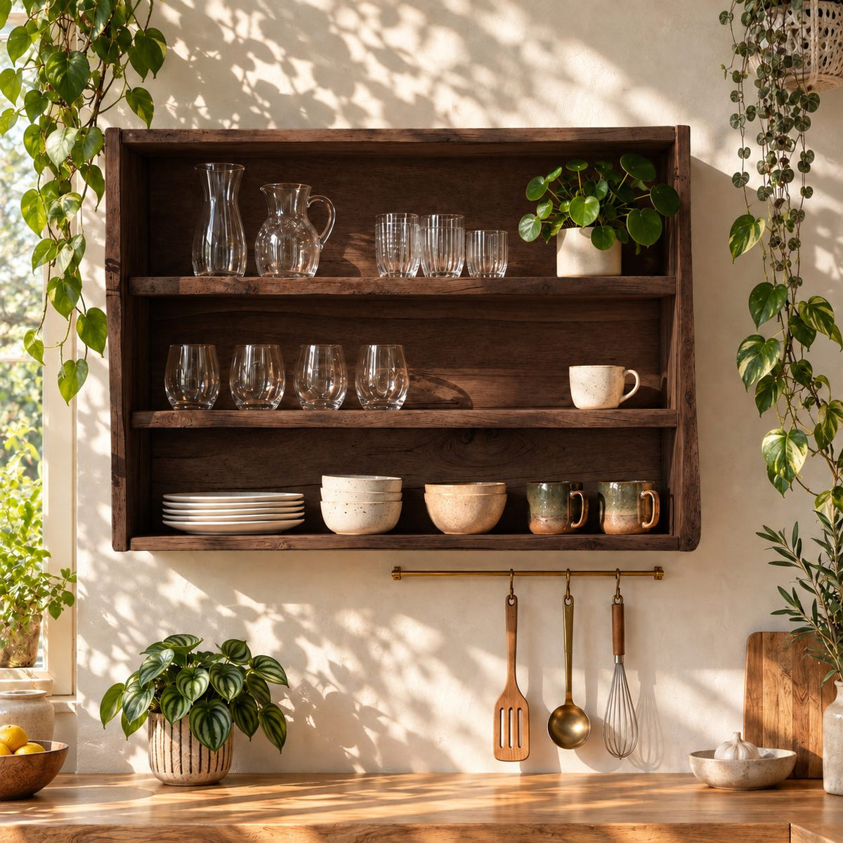 Wide Open Kitchen Wall Cabinet with Natural Edge Sides and Three Tiers, Rustic Solid Wood Dish Shelf
