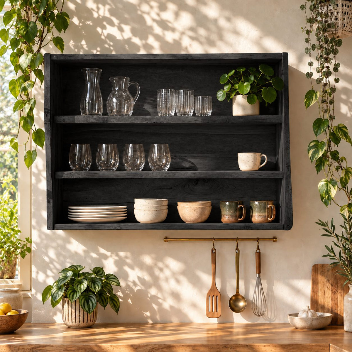 Wide Open Kitchen Wall Cabinet with Natural Edge Sides and Three Tiers, Rustic Solid Wood Dish Shelf