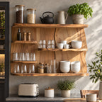 Staggered Live Edge Kitchen Wall Shelf on Bookmatched Back Panel, Solid Wood Coffee Bar Display Shelf