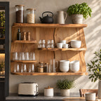Staggered Live Edge Kitchen Wall Shelf on Bookmatched Back Panel, Solid Wood Coffee Bar Display Shelf