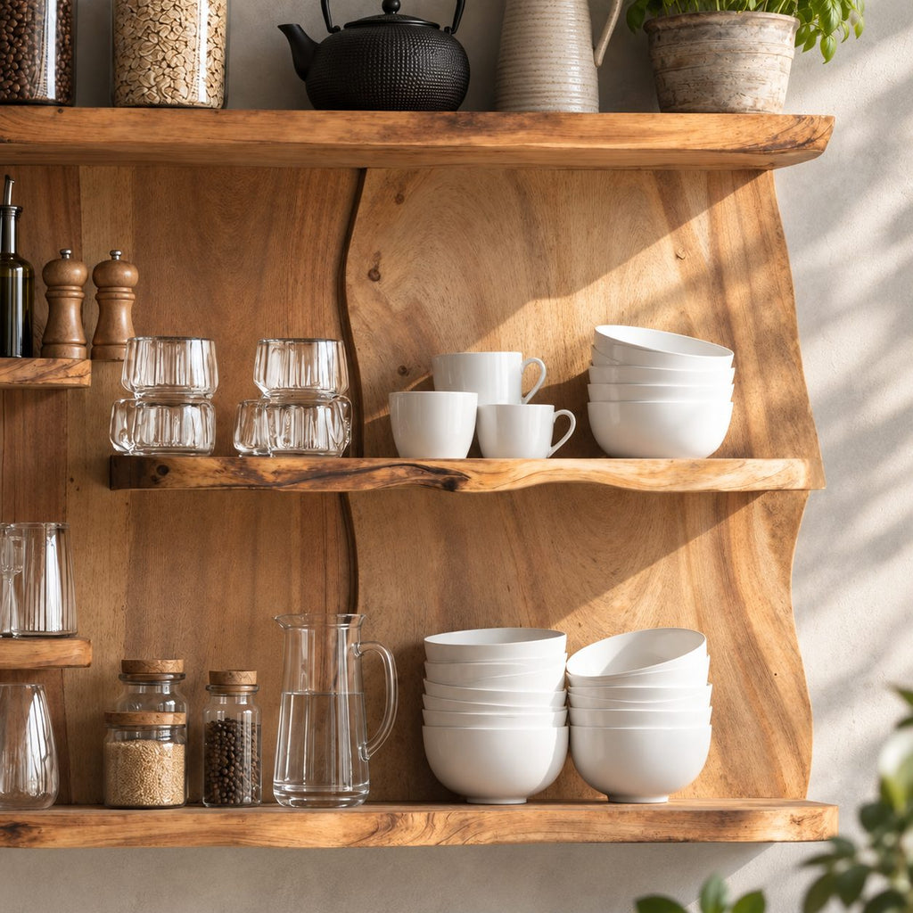 Staggered Live Edge Kitchen Wall Shelf on Bookmatched Back Panel, Solid Wood Coffee Bar Display Shelf