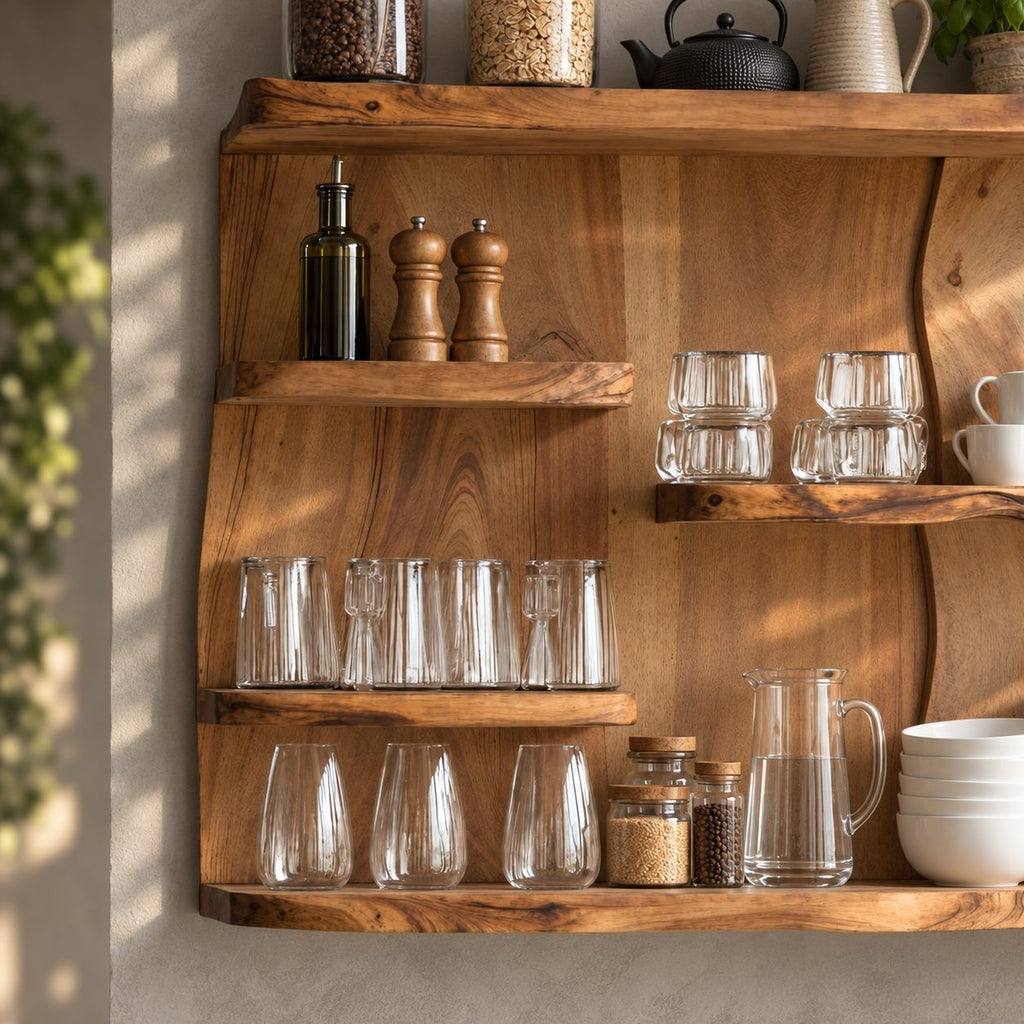 Staggered Live Edge Kitchen Wall Shelf on Bookmatched Back Panel, Solid Wood Coffee Bar Display Shelf
