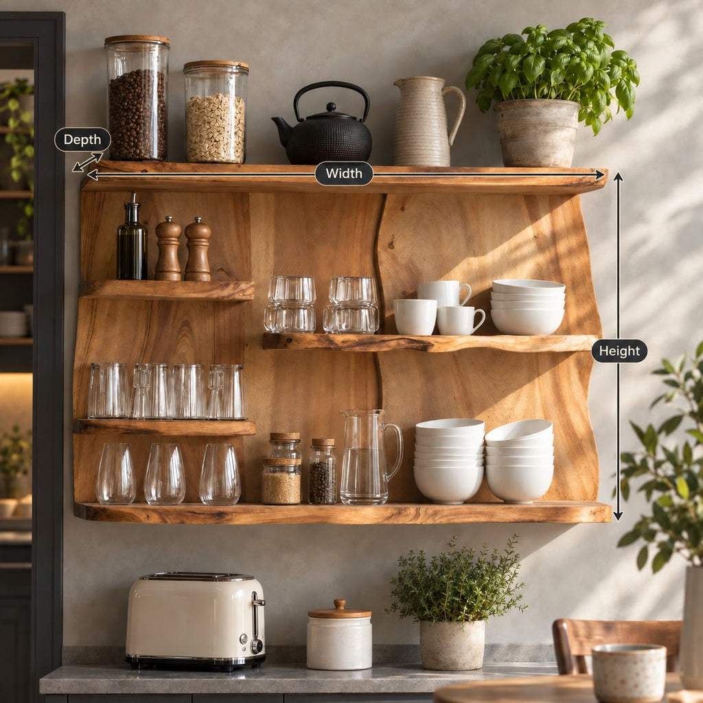 Staggered Live Edge Kitchen Wall Shelf on Bookmatched Back Panel, Solid Wood Coffee Bar Display Shelf