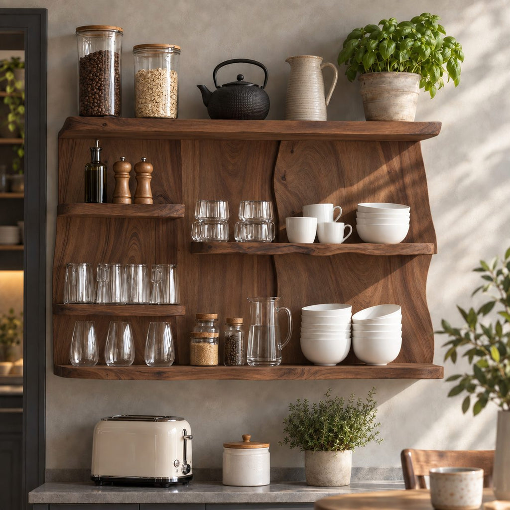Staggered Live Edge Kitchen Wall Shelf on Bookmatched Back Panel, Solid Wood Coffee Bar Display Shelf