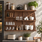 Staggered Live Edge Kitchen Wall Shelf on Bookmatched Back Panel, Solid Wood Coffee Bar Display Shelf