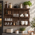 Staggered Live Edge Kitchen Wall Shelf on Bookmatched Back Panel, Solid Wood Coffee Bar Display Shelf
