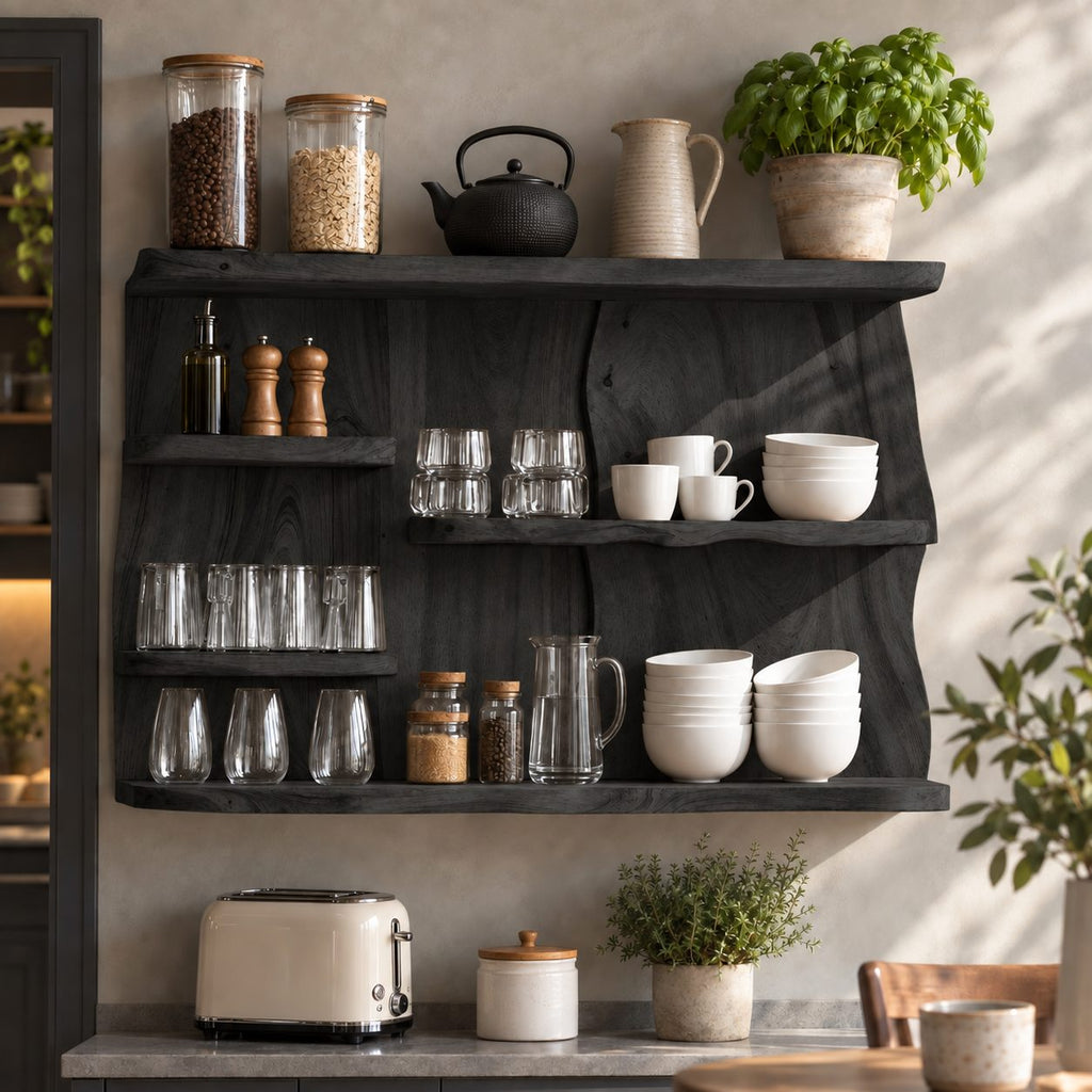 Staggered Live Edge Kitchen Wall Shelf on Bookmatched Back Panel, Solid Wood Coffee Bar Display Shelf