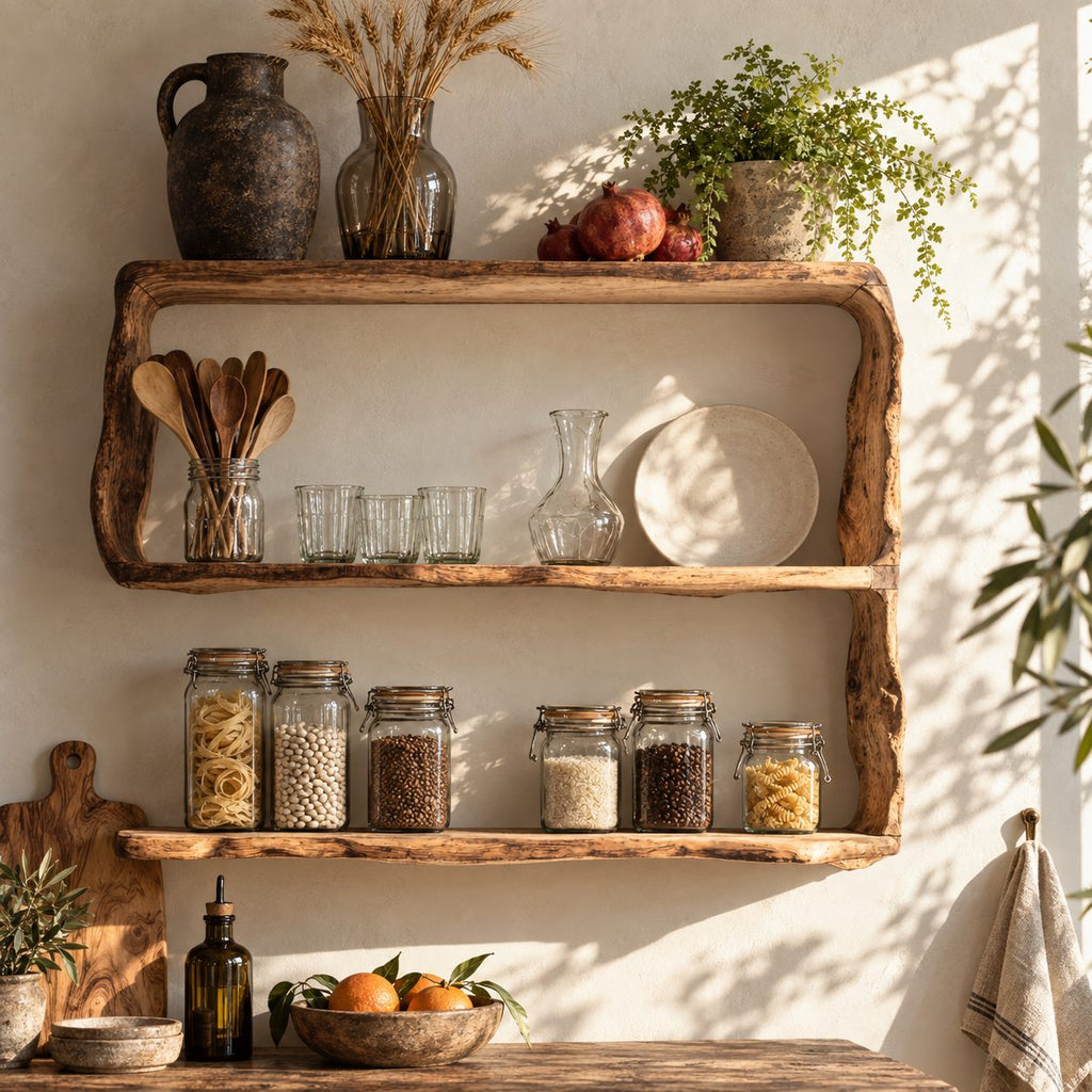 Natural Edge Framed Kitchen Wall Shelf, Three Live Edge Slabs Between Wavy Side Posts, Solid Wood
