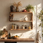 Natural Edge Framed Kitchen Wall Shelf, Three Live Edge Slabs Between Wavy Side Posts, Solid Wood