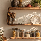 Natural Edge Framed Kitchen Wall Shelf, Three Live Edge Slabs Between Wavy Side Posts, Solid Wood