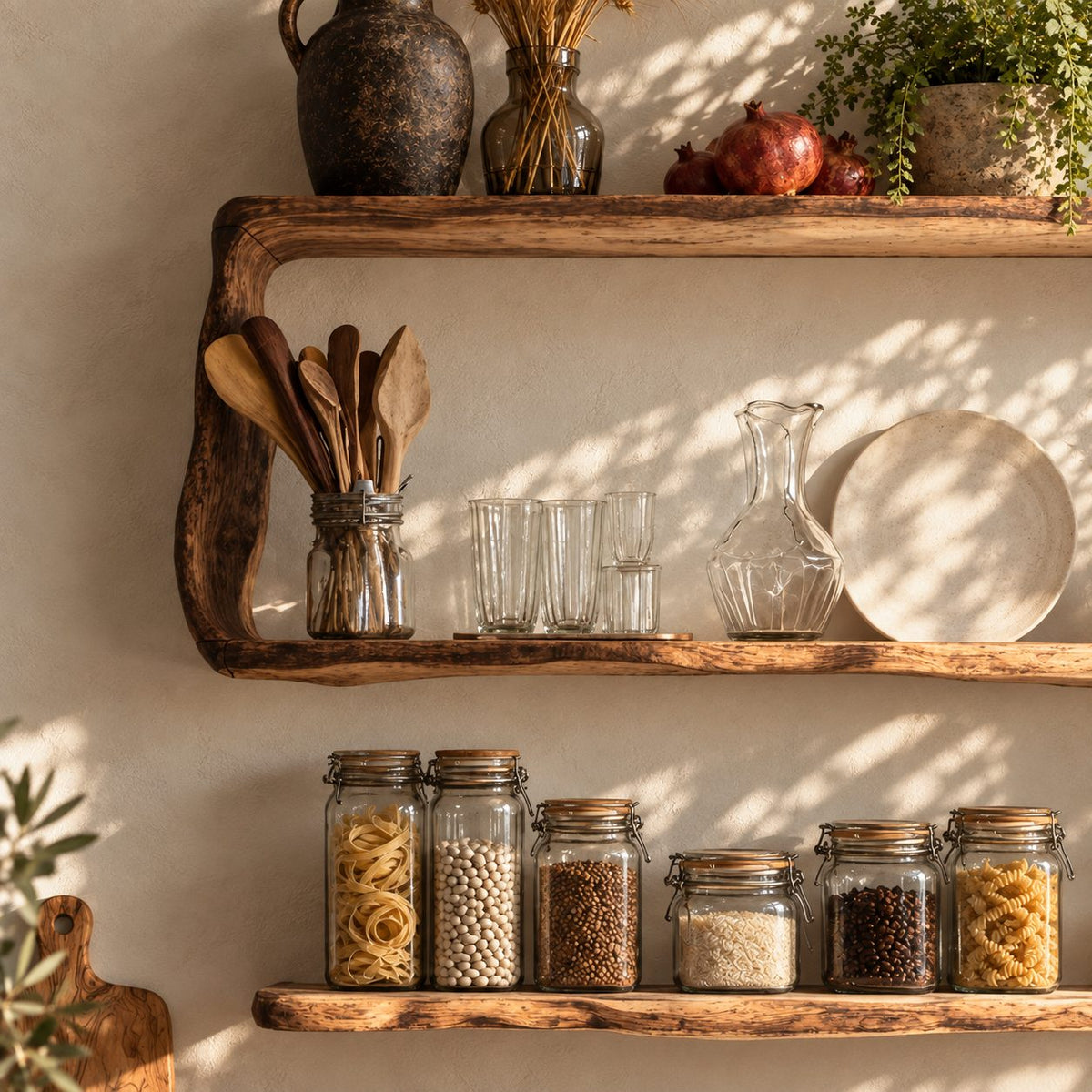 Natural Edge Framed Kitchen Wall Shelf, Three Live Edge Slabs Between Wavy Side Posts, Solid Wood