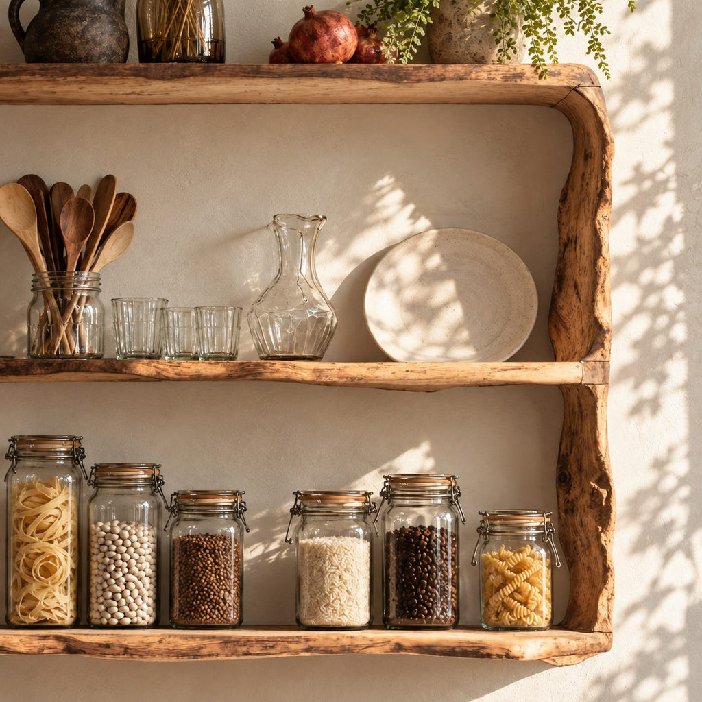 Natural Edge Framed Kitchen Wall Shelf, Three Live Edge Slabs Between Wavy Side Posts, Solid Wood
