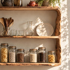 Natural Edge Framed Kitchen Wall Shelf, Three Live Edge Slabs Between Wavy Side Posts, Solid Wood