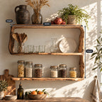 Natural Edge Framed Kitchen Wall Shelf, Three Live Edge Slabs Between Wavy Side Posts, Solid Wood
