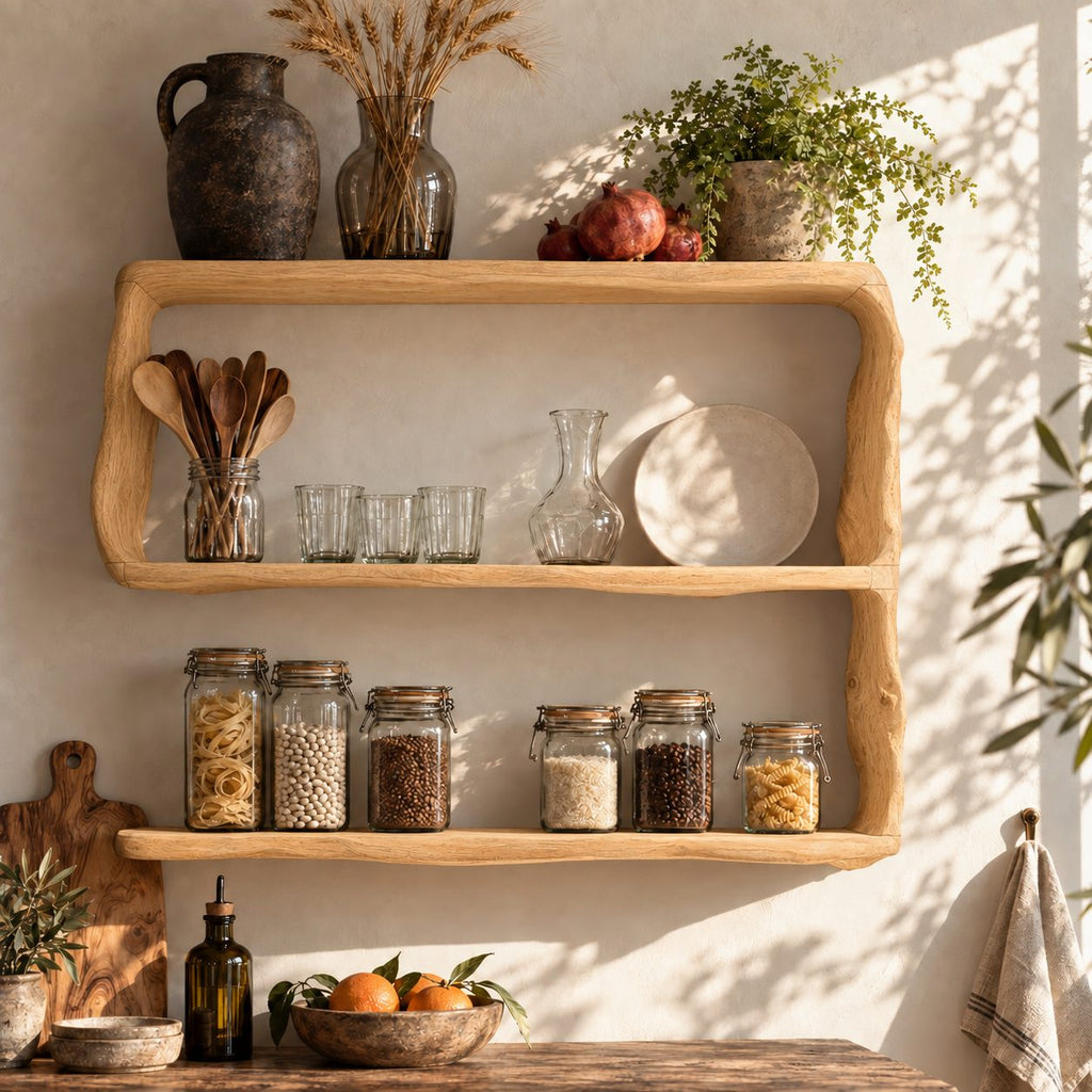Natural Edge Framed Kitchen Wall Shelf, Three Live Edge Slabs Between Wavy Side Posts, Solid Wood