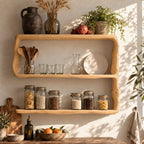 Natural Edge Framed Kitchen Wall Shelf, Three Live Edge Slabs Between Wavy Side Posts, Solid Wood