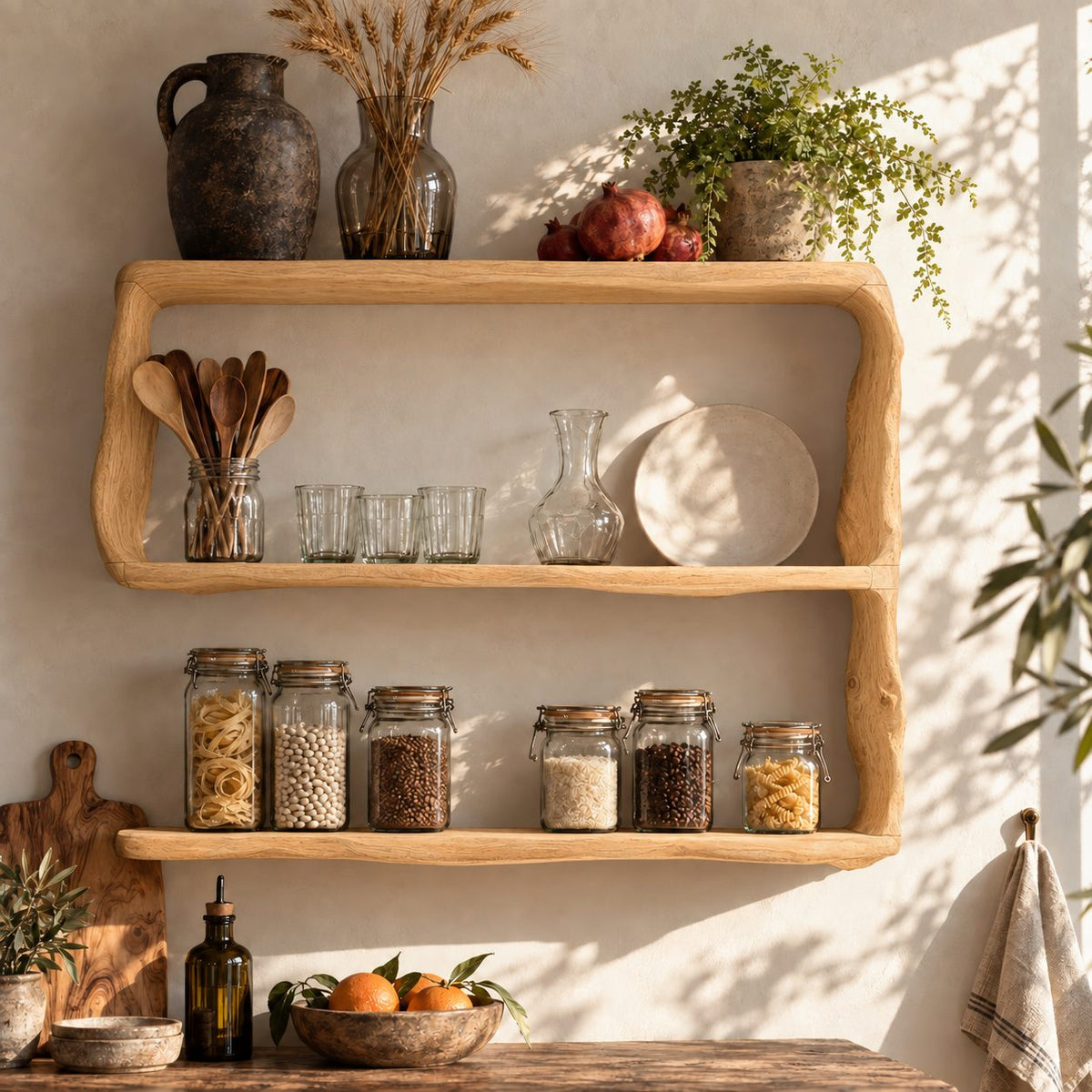 Natural Edge Framed Kitchen Wall Shelf, Three Live Edge Slabs Between Wavy Side Posts, Solid Wood
