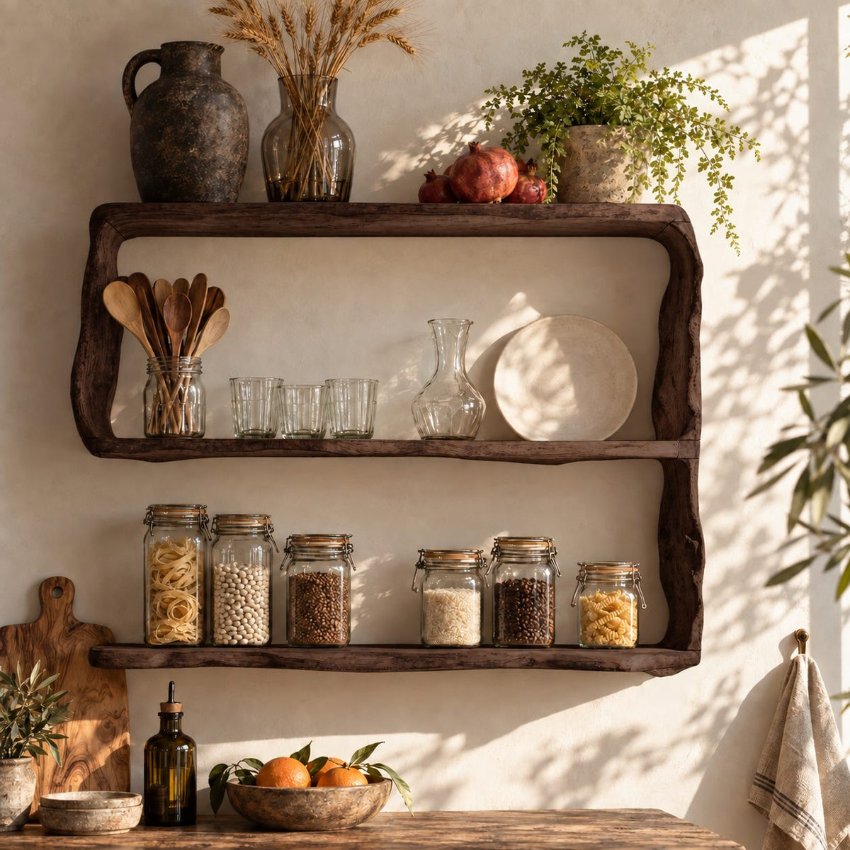 Natural Edge Framed Kitchen Wall Shelf, Three Live Edge Slabs Between Wavy Side Posts, Solid Wood