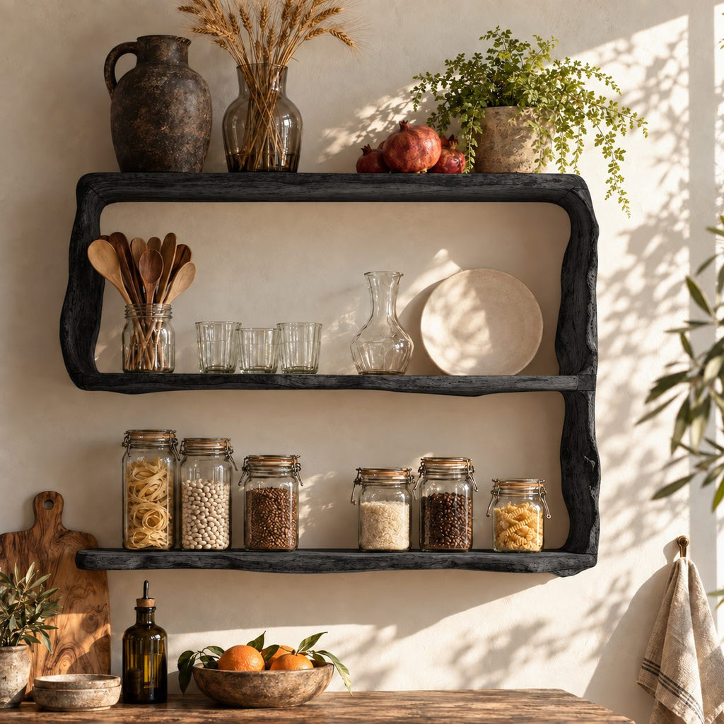 Natural Edge Framed Kitchen Wall Shelf, Three Live Edge Slabs Between Wavy Side Posts, Solid Wood