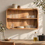 Rounded Corner Open Kitchen Wall Cabinet with Wavy Top Edge, Solid Wood Two Tier Wall Display Cabinet