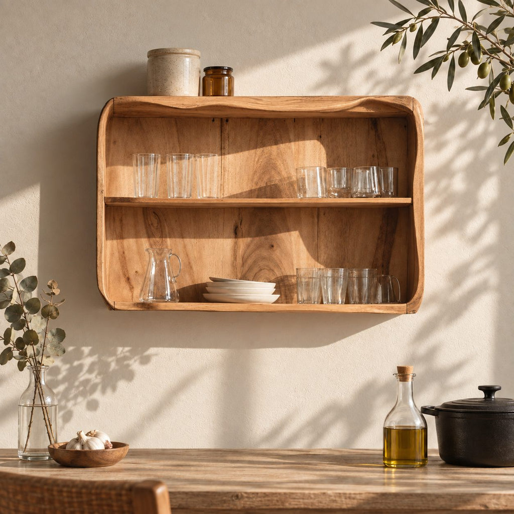 Rounded Corner Open Kitchen Wall Cabinet with Wavy Top Edge, Solid Wood Two Tier Wall Display Cabinet
