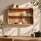 Rounded Corner Open Kitchen Wall Cabinet with Wavy Top Edge, Solid Wood Two Tier Wall Display Cabinet
