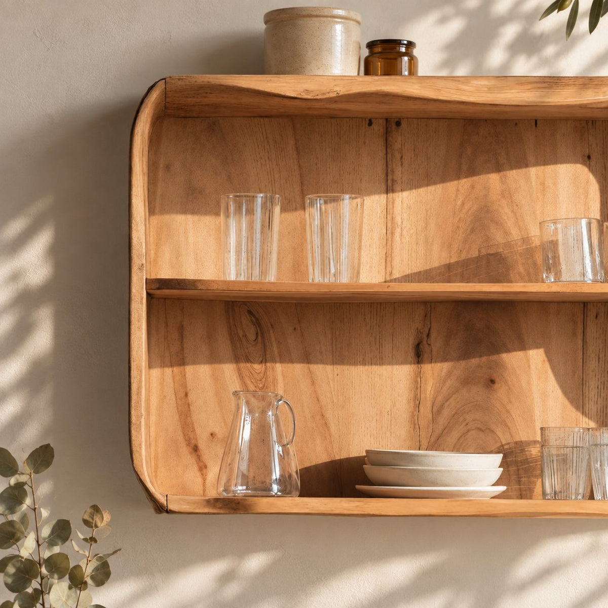 Rounded Corner Open Kitchen Wall Cabinet with Wavy Top Edge, Solid Wood Two Tier Wall Display Cabinet