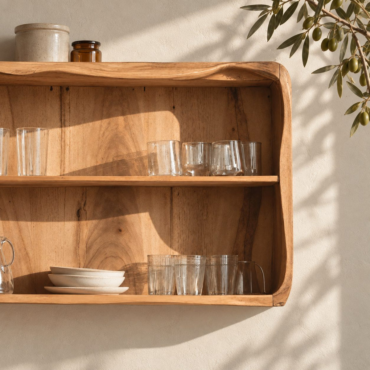 Rounded Corner Open Kitchen Wall Cabinet with Wavy Top Edge, Solid Wood Two Tier Wall Display Cabinet