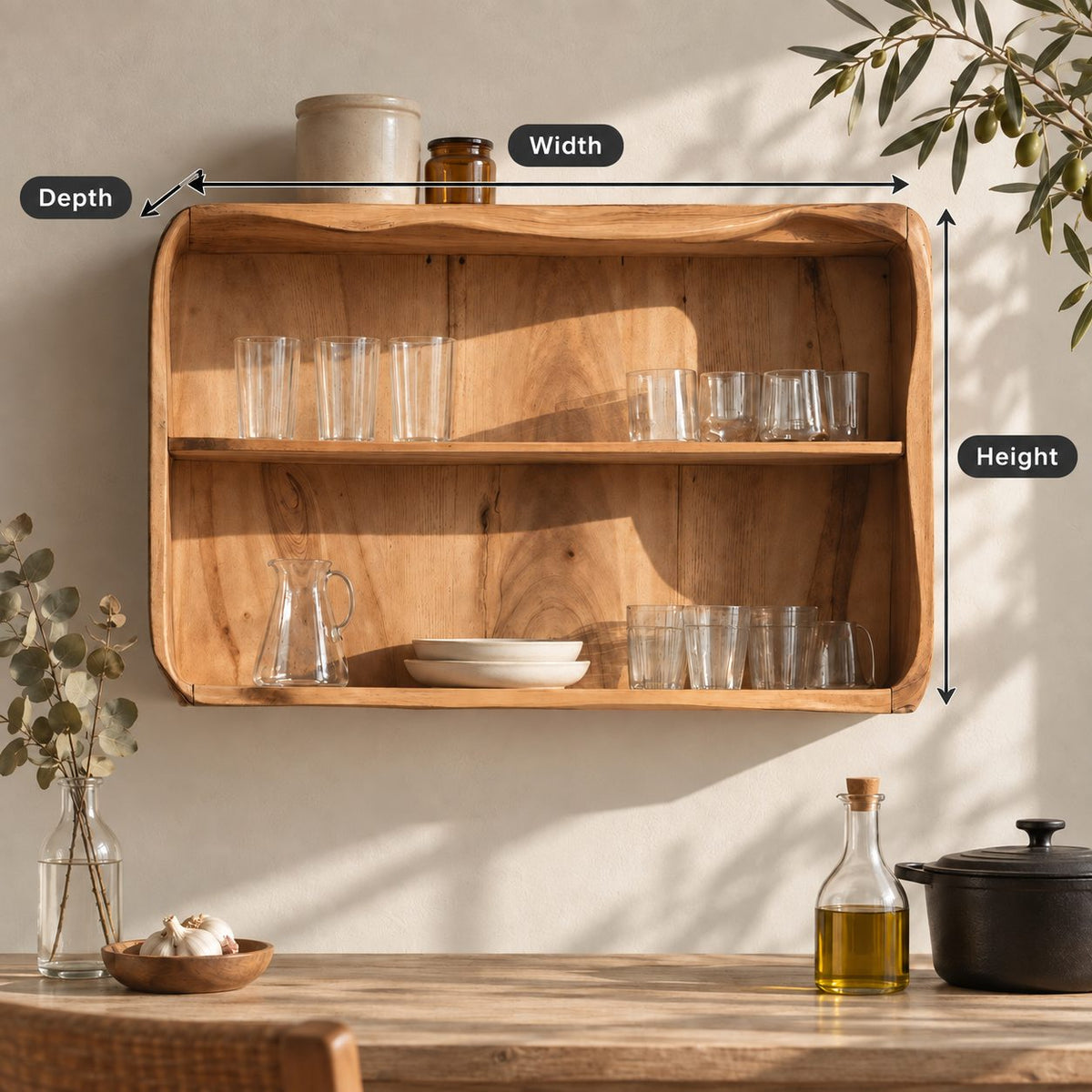 Rounded Corner Open Kitchen Wall Cabinet with Wavy Top Edge, Solid Wood Two Tier Wall Display Cabinet