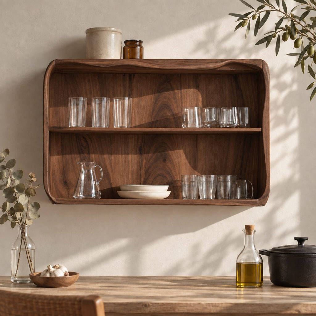 Rounded Corner Open Kitchen Wall Cabinet with Wavy Top Edge, Solid Wood Two Tier Wall Display Cabinet