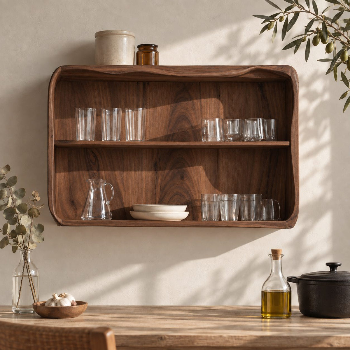 Rounded Corner Open Kitchen Wall Cabinet with Wavy Top Edge, Solid Wood Two Tier Wall Display Cabinet