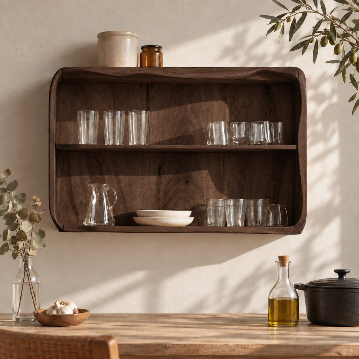 Rounded Corner Open Kitchen Wall Cabinet with Wavy Top Edge, Solid Wood Two Tier Wall Display Cabinet