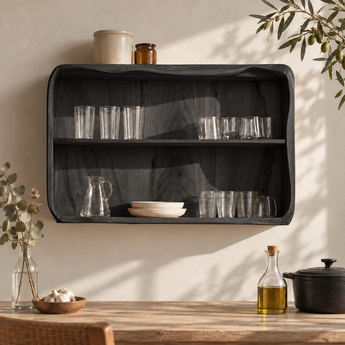 Rounded Corner Open Kitchen Wall Cabinet with Wavy Top Edge, Solid Wood Two Tier Wall Display Cabinet