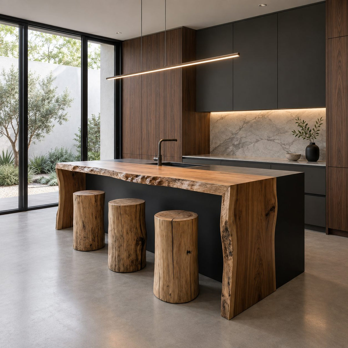 Rugged Waterfall Live Edge Island Slab, Sold Per Panel, Thick Solid Wood Bar Top or End, 47-100 Inch