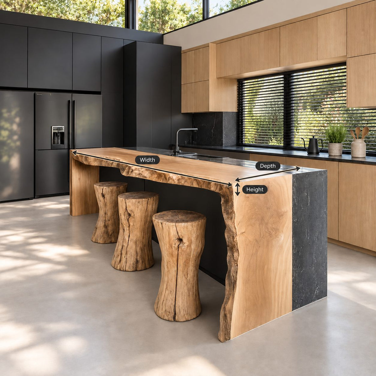 Rugged Waterfall Live Edge Island Slab, Sold Per Panel, Thick Solid Wood Bar Top or End, 47-100 Inch
