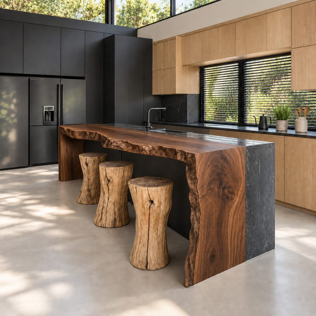 Rugged Waterfall Live Edge Island Slab, Sold Per Panel, Thick Solid Wood Bar Top or End, 47-100 Inch