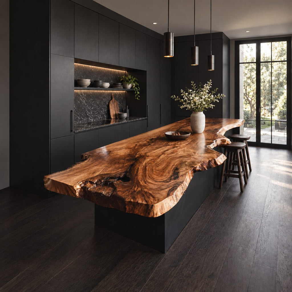 Swirl Grain Live Edge Kitchen Island Top, Wide Flowing Solid Wood Slab for Bar Seating, 47-100 Inch