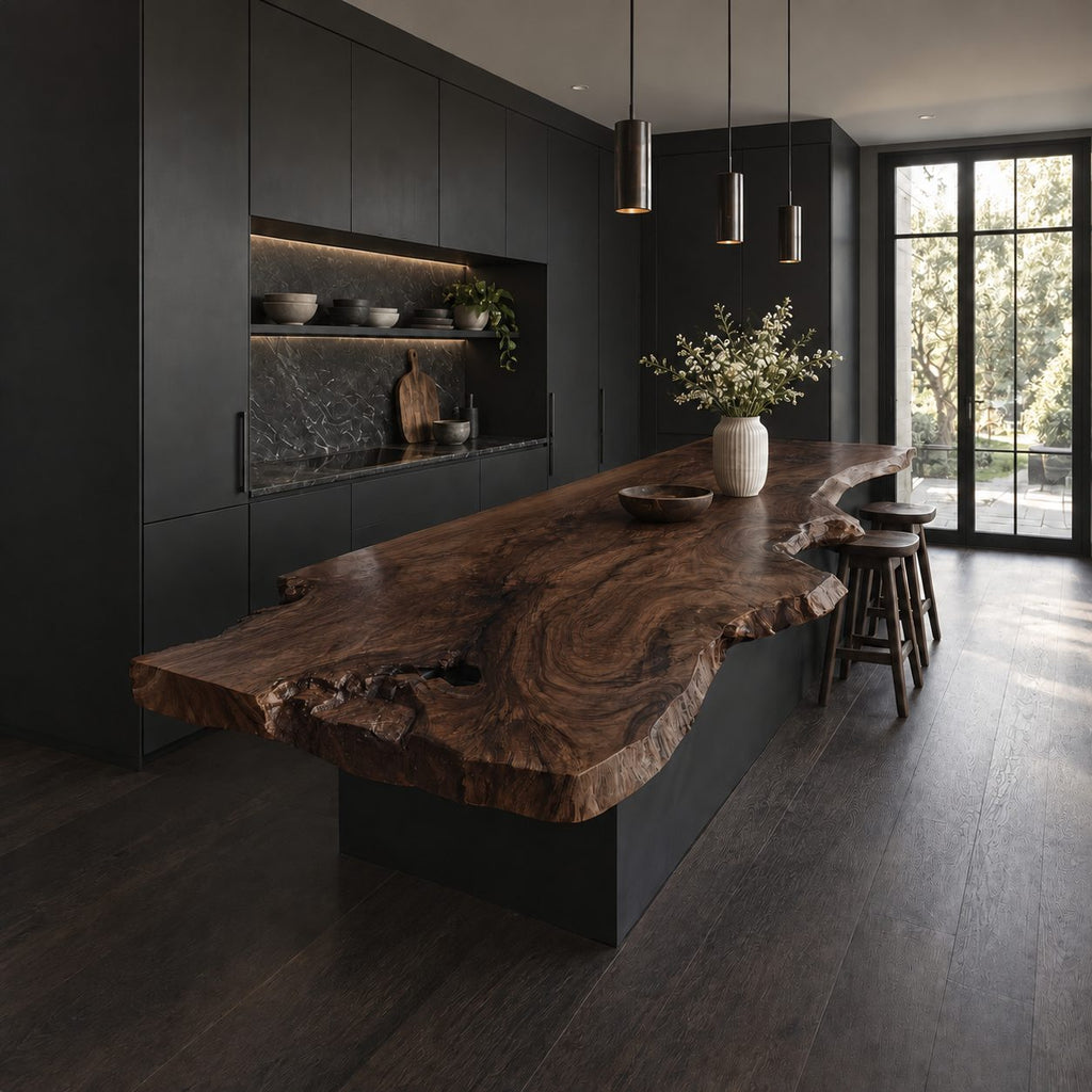 Swirl Grain Live Edge Kitchen Island Top, Wide Flowing Solid Wood Slab for Bar Seating, 47-100 Inch