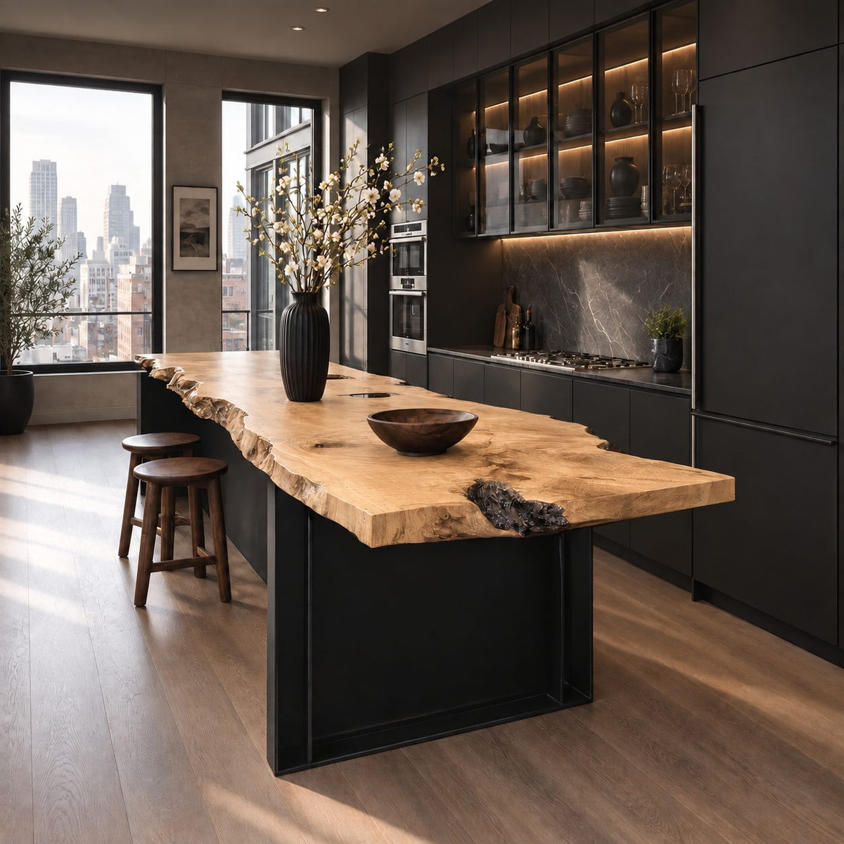 Bark Pocket Live Edge Island Countertop, Long Burl Solid Wood Slab with Raw Natural Edge, 47-100 Inch